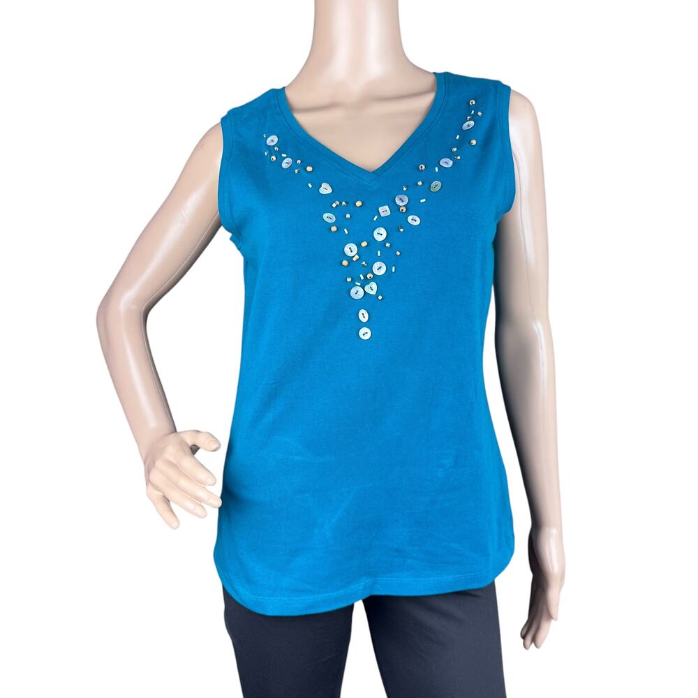 NWT White Stag Blue Beaded V-Neck Tank Top Sleeveless Embellished Shirt XL 16 18